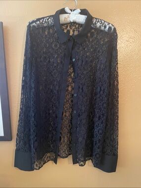 Who What Wear Black Lace Button-Down Shirt